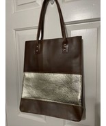 Jane Marie Brown Leather Gold Foil Bag Tote Purse Structured Shoulder - £29.40 GBP