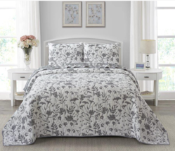 Farmhouse Jaquard Gray Floral Print Reversible King Quilt Set Country Cottage - £77.31 GBP