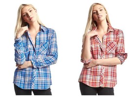 Gap Women Blue Red Plaid Double Layer Cotton Long Sleeve Button Down Shi... - £26.30 GBP