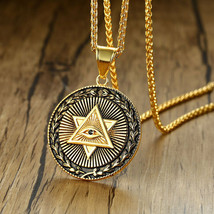 Mens Round Gold Eye of Providence Pendant Necklace Illuminati Jewelry Chain 24&quot; - £10.16 GBP