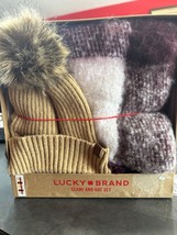 Lucky Brand Womens Knit Beanie &amp; Plaid Fringe Scarf Set Ribbed Hat With Faux Fur - £14.79 GBP