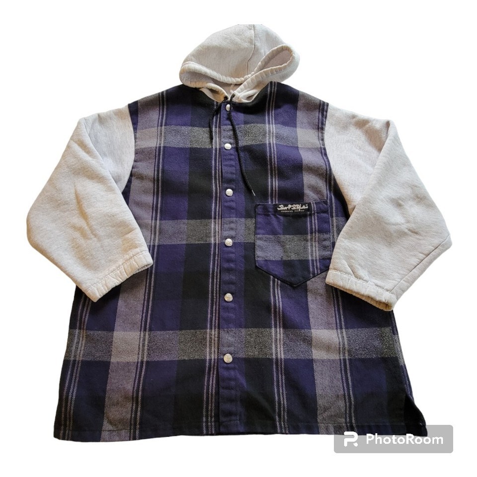 Surf Style Large Grunge Skater Flannel Plaid Hoodie 90s Vintage Interpla... - $49.49