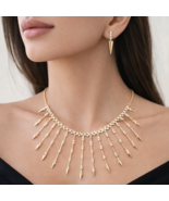 Statement Gold Fringe Necklace Rhinestone Bib Spiked Dangle Collar and e... - $27.69