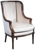 Bergere Chair Louis XVI French Hand-Carved Antiqued Wood Beige Velvet Upholstery - £1,430.04 GBP