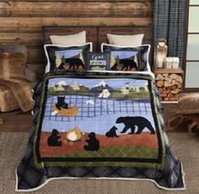 BEAR LAKE Flannel 4 pc Queen Bed Set with Sherpa backing Shams and Accent Pillow - £69.95 GBP