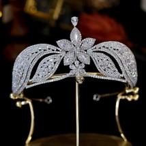 New Tiara Wedding Accessories For Women Jewelry Fascinator Cubic Zirconia Flower - £92.66 GBP