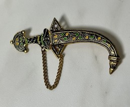 Vintage Damascene Spain Scimitar Sword Dagger Scabbard Brooch Pin - £23.40 GBP