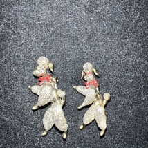 2 Vtg Poodle Brooches Lapel Pins With Articulation Red Rhinestone Eyes Gold Tone - £15.80 GBP