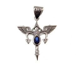 Solid 925 Sterling Silver Winged Viking T-Rune Tyr God Pendant w/ Gemstone - £64.86 GBP