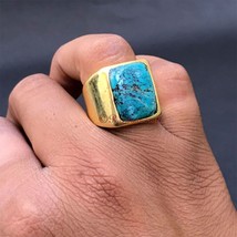 Huge Turquoise Gold Ring Mens Heay 925 Silver Wedding Ring December Birthstone - £73.45 GBP