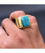 Huge Turquoise Gold Ring Mens Heay 925 Silver Wedding Ring December Birt... - £72.51 GBP