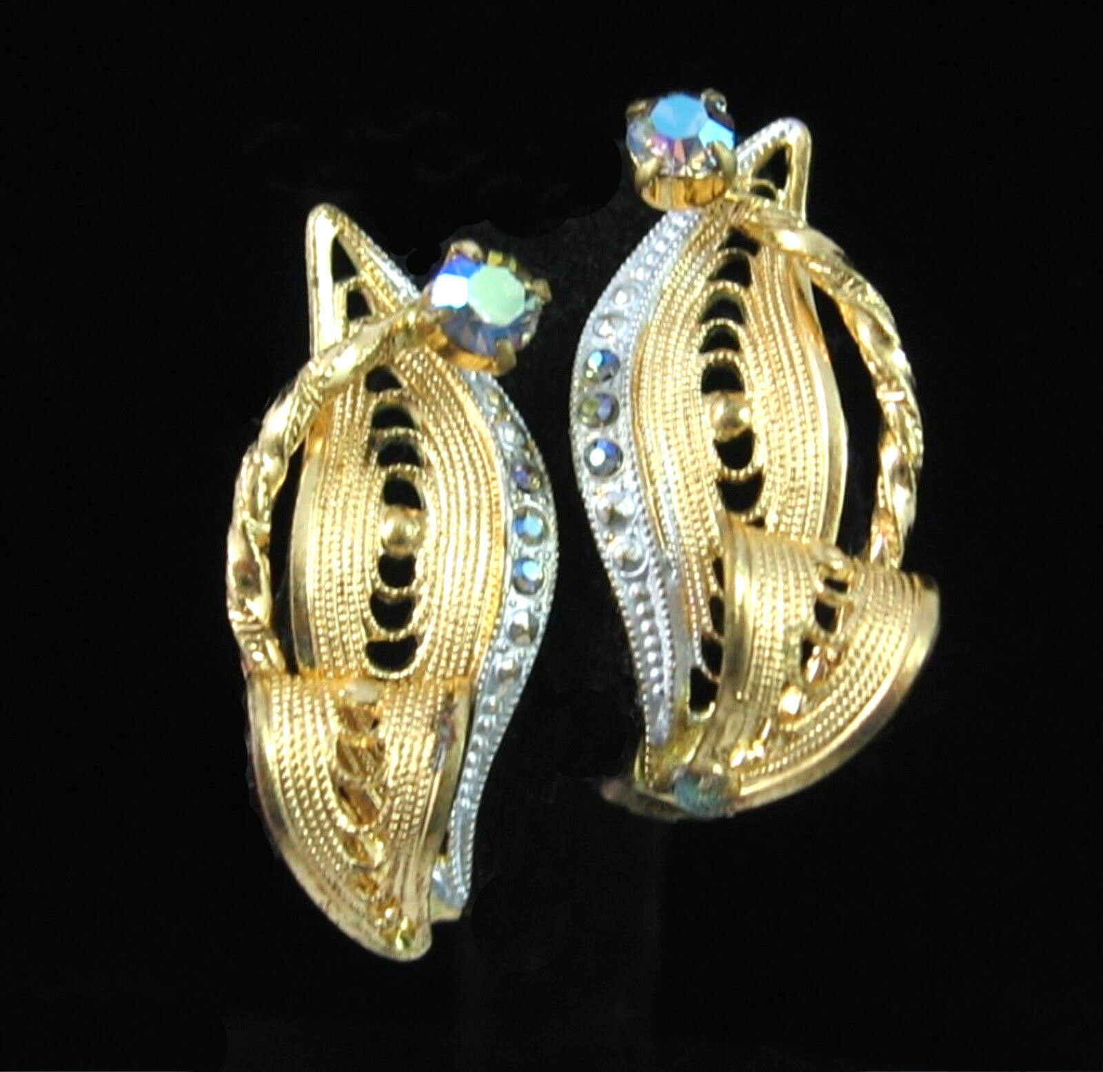 Primary image for EARRINGS Clip On BLUE Aurora Borealis RHINESTONES Vintage Goldtone AB Germany