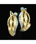 EARRINGS Clip On BLUE Aurora Borealis RHINESTONES Vintage Goldtone AB Ge... - £11.93 GBP