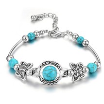 Bohemian Silver Color Blue Stone Open Bangle Women Vintage Jewelry Indian Cuff B - £13.00 GBP