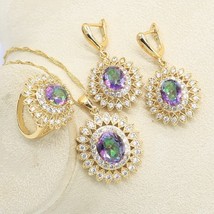Flower Shape Multicolor Crystal Gold Color Jewelry Set for Women Earrings Neckla - £19.66 GBP