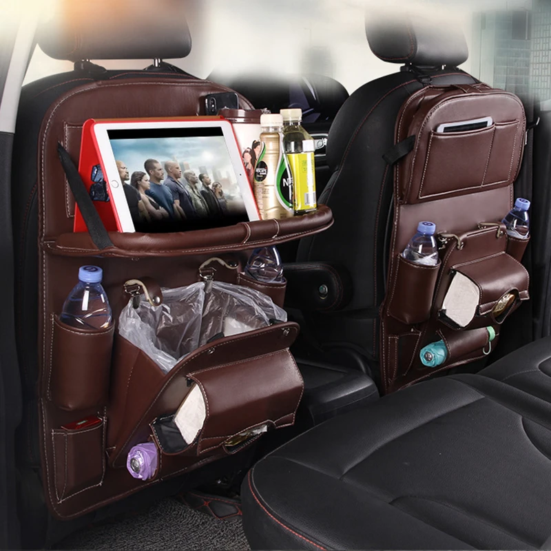 Leather Car Seat Back Organizer Storage Bag Foldable Car Table Tray Holder - £21.61 GBP+