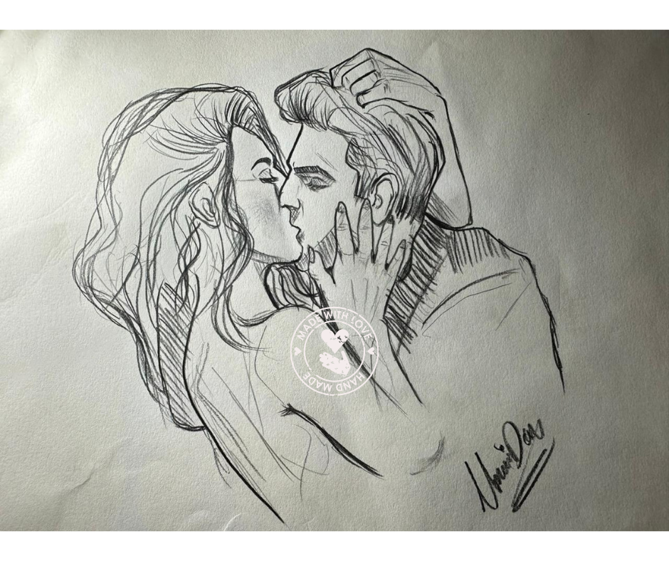 Custom Hand Drawn Love Birds Boy Girl Kissing Couples Charcoal Pencil Dr... - $3.00