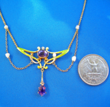 KREMENTZ Diamond Amethyst Nouveau Necklace Antique Deco Guilloche Enamel 14k - £3,323.72 GBP