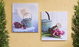 Garden Watering Can Prints Set of 2 Wood Framed Stretched Canvas 18&quot;x 20&quot; - £30.92 GBP