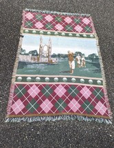 Vintage Golf Ball Clubs Europe Theme Argyle Woven Tapestry Throw Blanket Fringe - £19.93 GBP