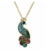 Crystal Kingdom Gold Tone Peacock Pendant &amp; Necklace 15-17&quot;Chain In Jewe... - £11.59 GBP