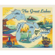 36&quot; X 44&quot; Panel  Great Lakes of Michigan Map Multicolor Cotton Fabric D660.25 - £11.92 GBP