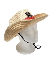 Straw Sun Hat With Red Bandana Strap - Bull Head Taurus with three stars - £13.23 GBP