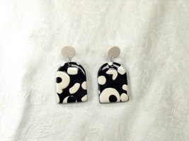Earrings Post Arch Drop Handmade Polymer Clay Black and White Abstract Geometric - £14.46 GBP