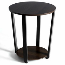 2-tier Round End Table with Storage Shelf &amp; Metal Frame-Walnut - Color: Walnut - £53.97 GBP