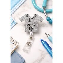 Scrub Life Badge Reel Silver Glitter Nurse Badge Holder Retractable ID Clip - $8.86
