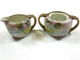 Antique 1914-21 Nippon Moriage Morimura Porcelain Creamer &amp; Sugar Set Landscape - £79.92 GBP