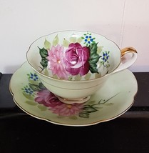 Teacup &amp; Saucer Made In Occupied Japan MCM VTG Hand Painted Gilt Rose Floral - £22.09 GBP