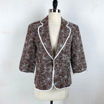 Nygard Linen Brown White Embroidered Blazer Jacket 12P Lined Hooks 3/4 S... - $34.60