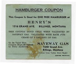 Free Hamburger Offer Henry&#39;s on Grand Avenue Billings Montana Saveway Ga... - £13.98 GBP