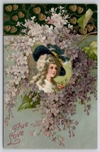 Valentine Greeting Victorian Lady Flowers Golden Hearts Postcard X24 - £5.53 GBP