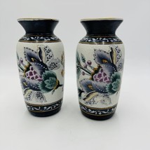 Vintage Pair Moriage Textured Hand Painted Floral Feather Embossed Pottery Vases - £59.53 GBP
