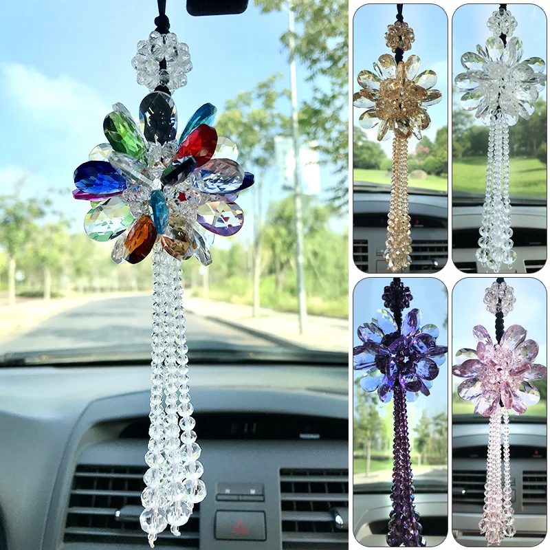 Crystal Sun Flower Tassel Craft Pendant Petals Car Hanging Ornament Auto Rear - £12.73 GBP