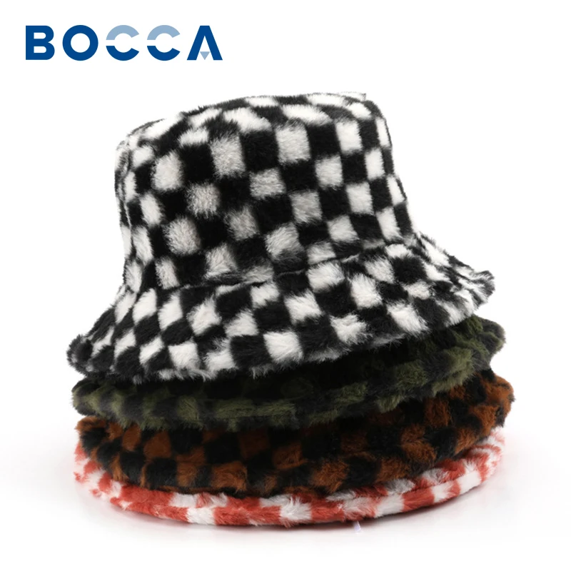 Bocca Winter Bucket Hat Faux Fur Panama Fisherman Hats Plaid Women Warm Plash - £12.45 GBP