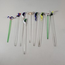 Vintage Glass Cocktail Swizzle Sticks Drink Stirrers Lot of 9 Flowers &amp; Bird - £28.04 GBP