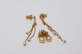 Trifari Gold Tone Faux Pearl Dangle Drop &amp; Stud Earrings - £15.97 GBP