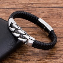 Charm Genuine Leather  Black Stainless Steel Magnetic hk Bracelet Men  Birthday  - £13.61 GBP