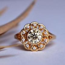 2Ct Round Cut Cubic Zirconia Flower Wedding Ring 14K Yellow Gold Plated Silver - £93.71 GBP