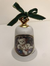 Porcelain Bell White Gold Trim Christmas Bear Janet Kruskamp Green Ribbon VGPC - £7.78 GBP
