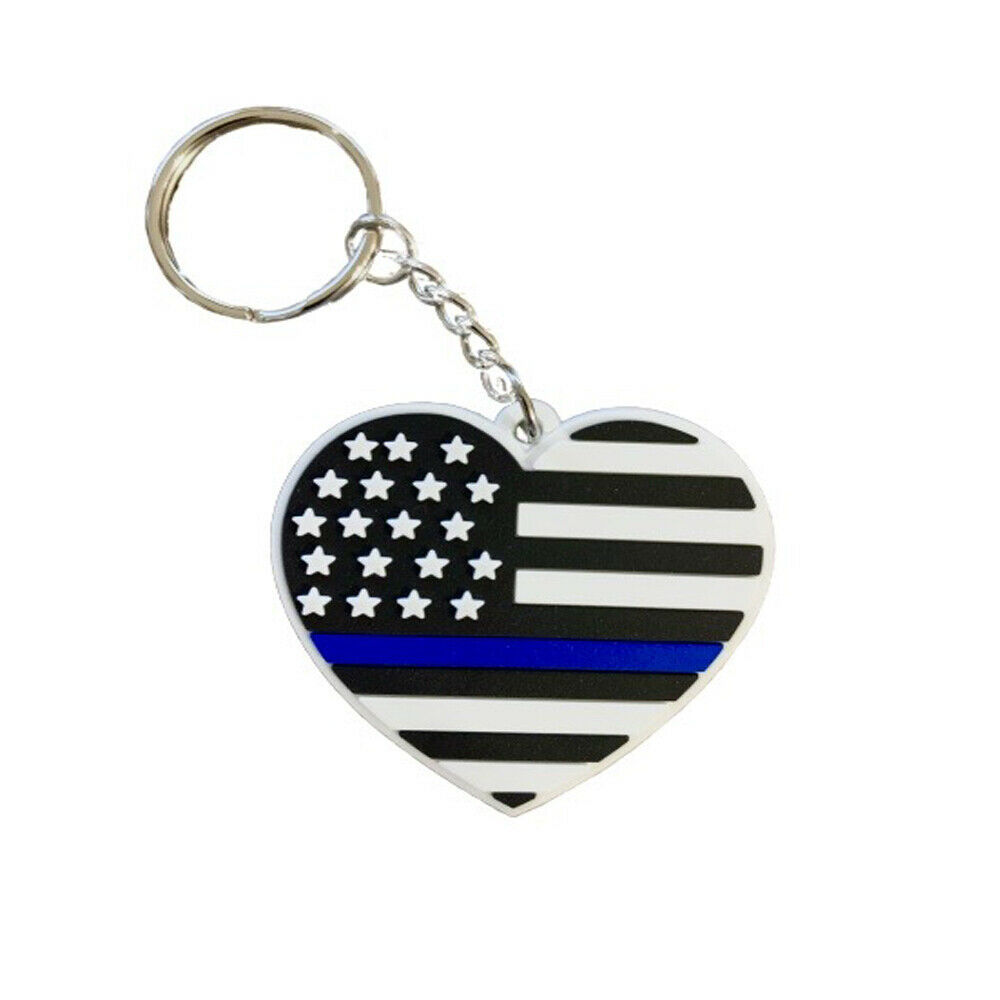 Thin Blue Line USA Flag Heart Key Chain Key Tag, Police Back The Blue - $8.90