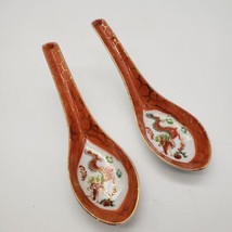 Ceramic Asian Soup Spoons Chinese Porcelain 2 Pc Red with Dragon Flatware VTG - $5.93