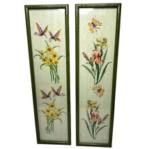 Vintage Pair 1970s Completed Cross Stitch Floral Butterfly Framed Green Bamboo - £61.42 GBP