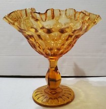 Vintage Fenton Amber Candy Dish Thumbprint Ruffled Edge Glass Compote 7.5&#39;&#39;  - £18.21 GBP