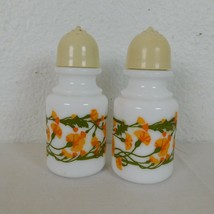 Vintage Avon Milk Glass Salt Pepper Shakers Yellow Orange Flower Green 4... - $9.75
