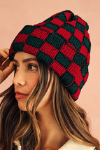 Racing Red Two Tone Checkered Folded Eaveless Beanie Cap - $190.78 MXN