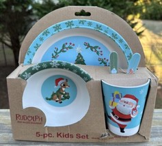 Rudolph &amp; Santa Reindeer Christmas Melamine Kids Child 5pc Dish Feeding Set New - £26.06 GBP